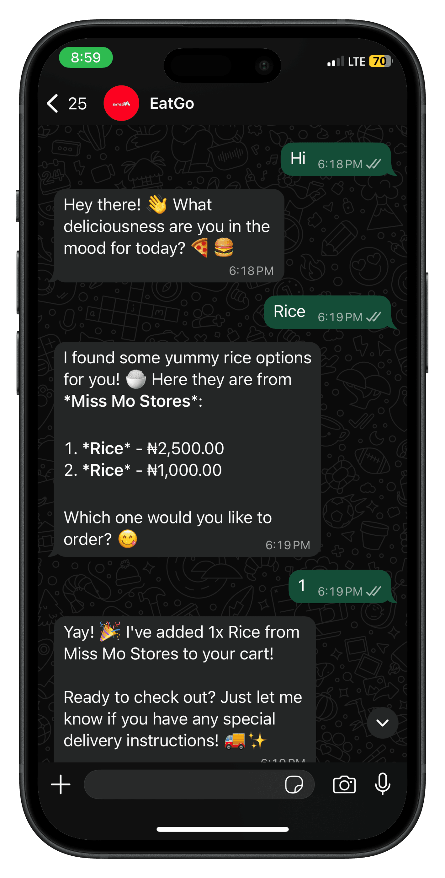 EatGo WhatsApp chat interface